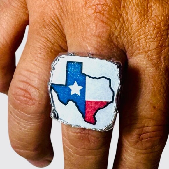 Broken China Texas Flag Ring Handcrafted With Silver Alloy Metalwork Boho Style - Picture 3 of 16